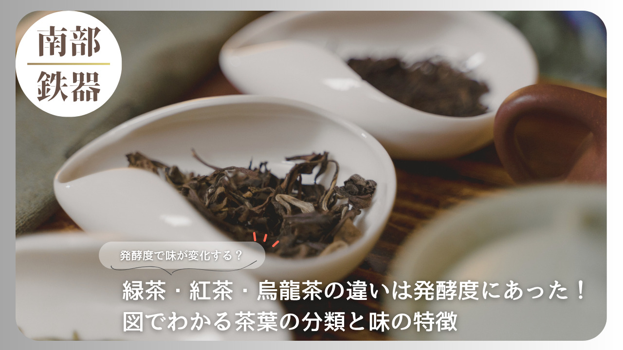 白い器に盛られたさまざまな茶葉。緑茶・紅茶・烏龍茶の違いを発酵度から解説する記事のアイキャッチ画像。
