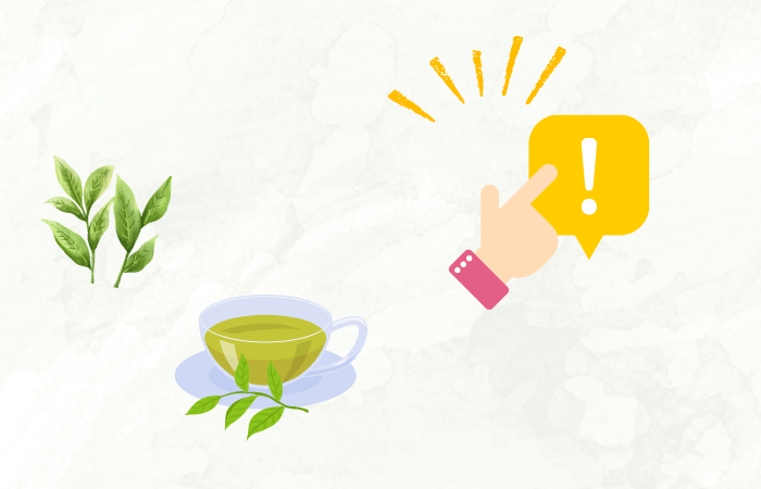お茶の葉と湯気の立つ緑茶のカップ、そして感嘆符マークを押す手のイラスト。お茶に関するワンポイント情報をイメージしている。