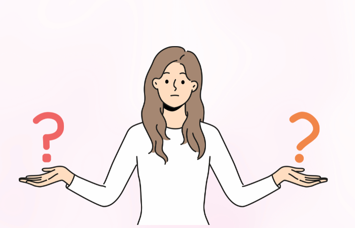 両手を広げて困惑した表情を浮かべる女性のイラスト。左右に赤とオレンジのクエスチョンマークが浮かんでいる。