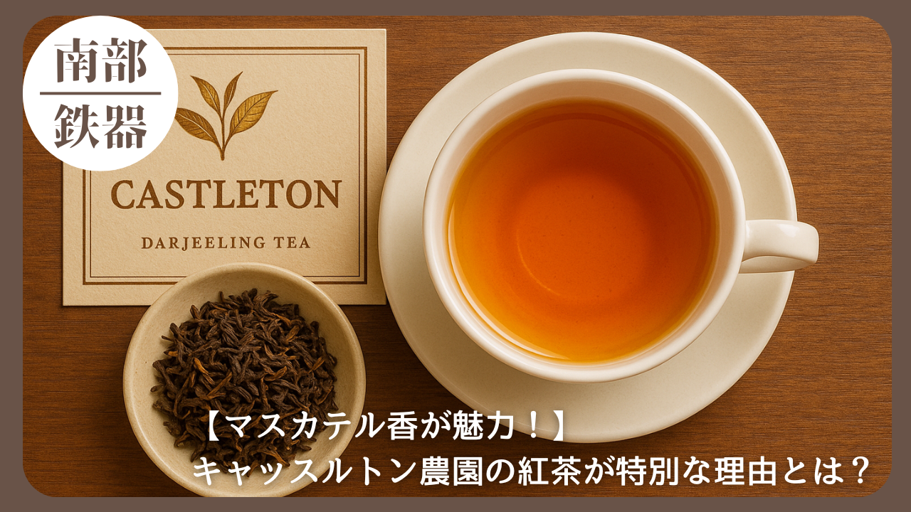 キャッスルトン農園の紅茶と茶葉、南部鉄器との組み合わせ。マスカテル香が魅力のダージリン紅茶を紹介するアイキャッチ画像。
