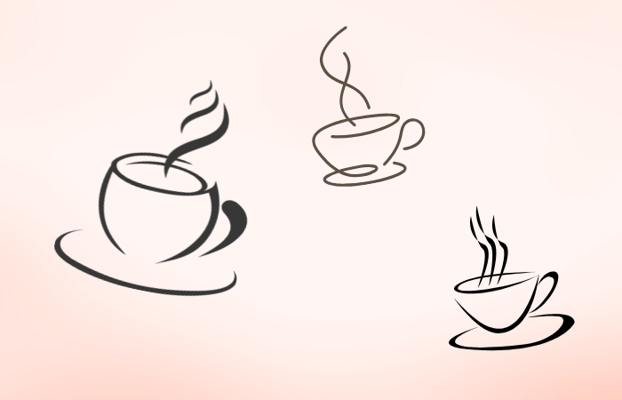 湯気の立つコーヒーカップのシルエットイラストが3つ並んでいる。シンプルで柔らかい印象のデザイン。